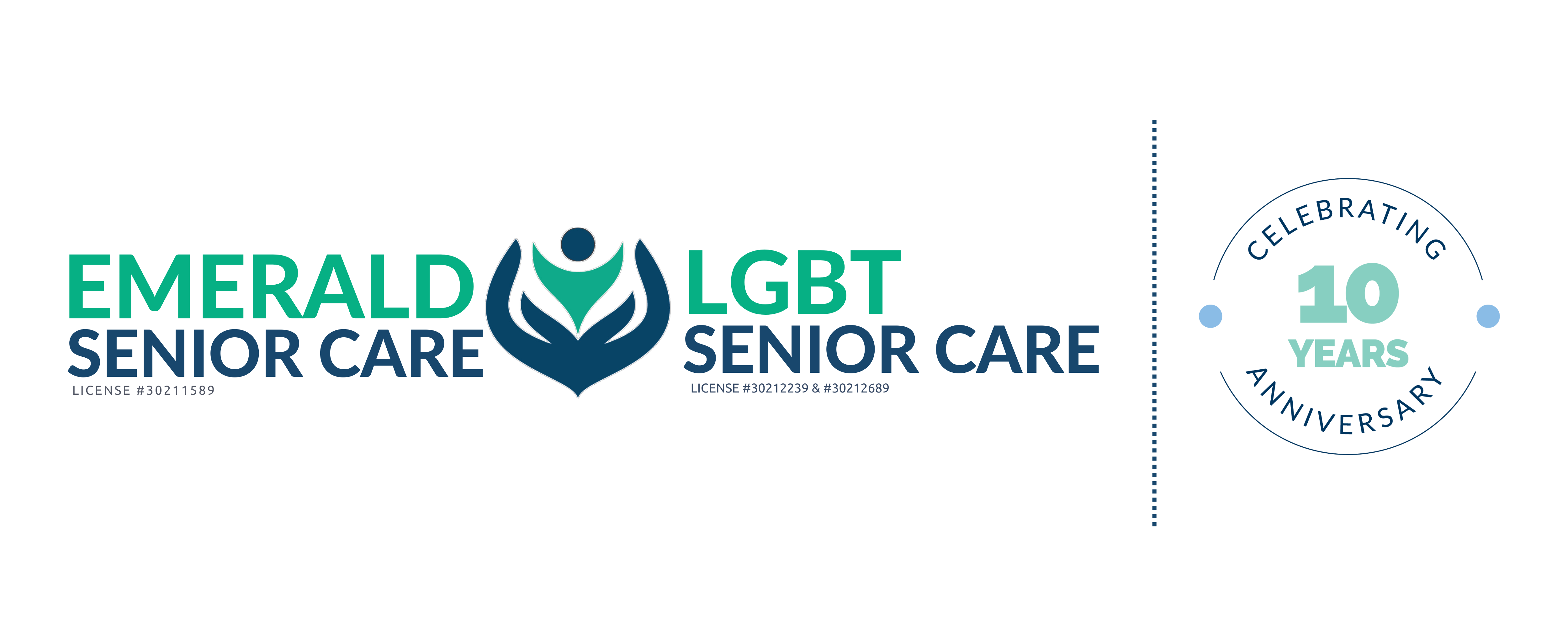 Emerald Senior Care blue and green text 10 yr anniversary logo